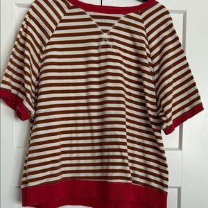 Casual Striped Short Sleeve Top - Red and White